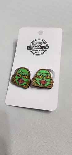 Green Creature wood earrings